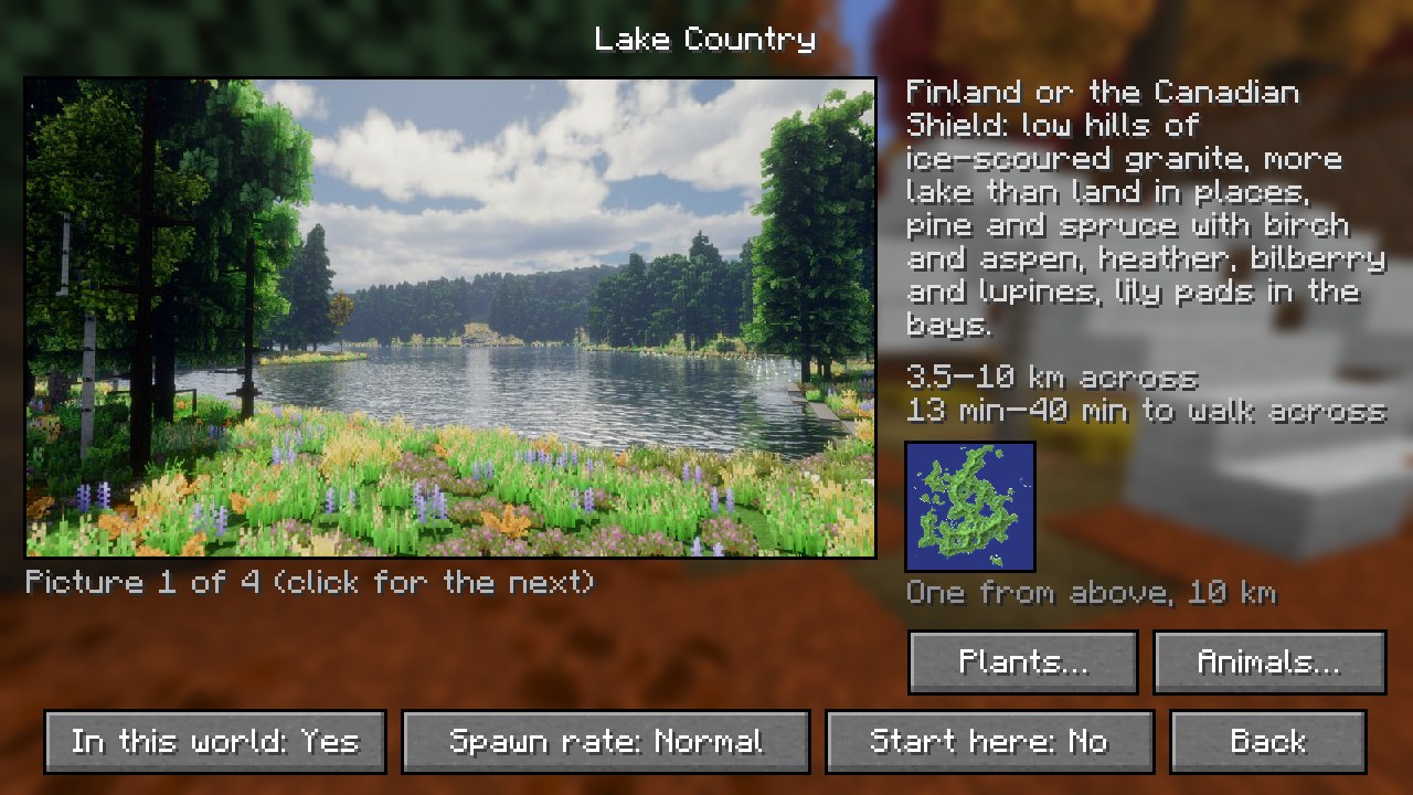 A continent's page, with its pictures and the Plants, Animals and Start here buttons
