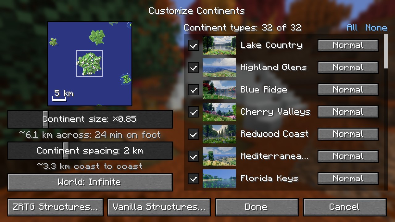 The Customize screen: a map of the continents round the spawn, the size and spacing sliders and the list of continent types