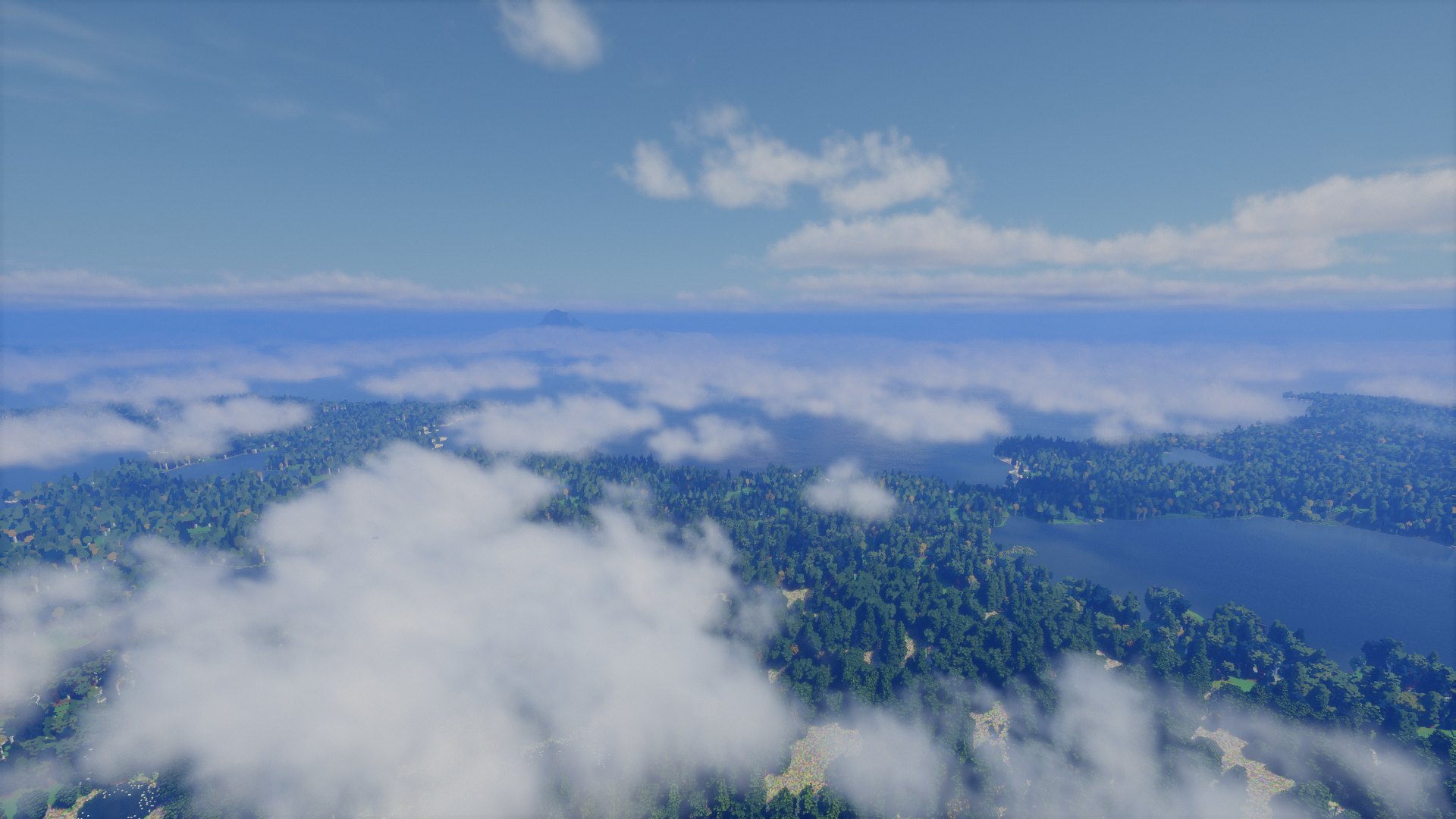 Far View under a shader pack: the land runs on under the clouds to the horizon