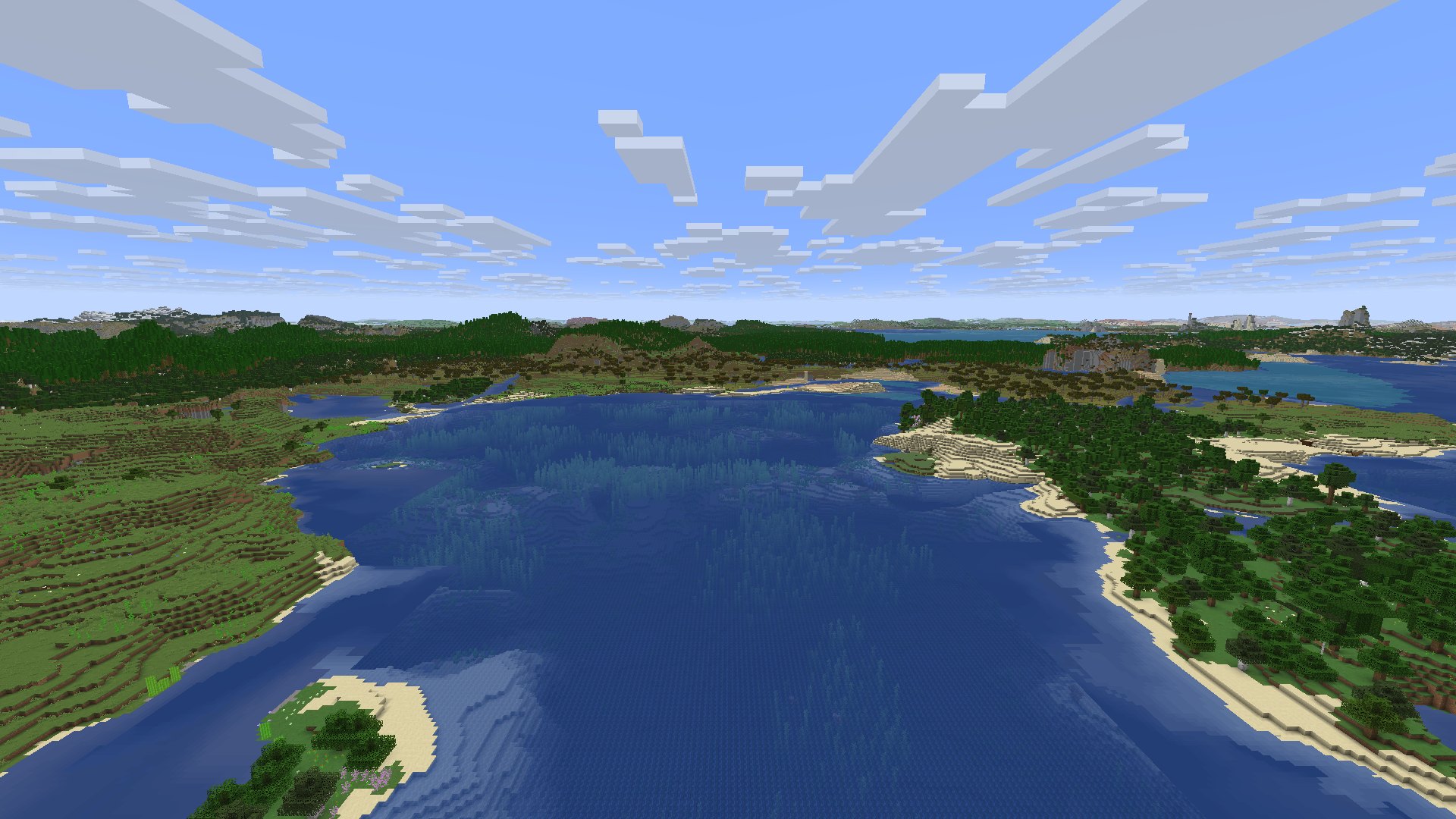 Far View in a vanilla world: a bay, beaches and forest out to the horizon