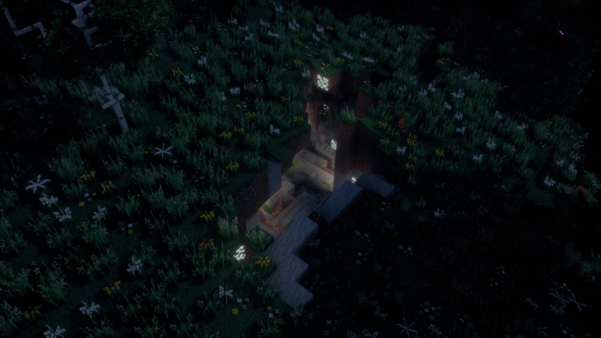 Looking down a cave mouth into the dark under a forest